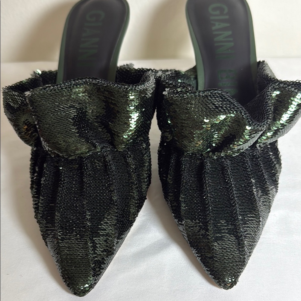 Gianni Bini Dark Green Ruffle and Sequin Kitten Heels - Picture 13 of 13